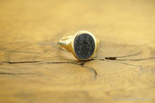 Flessenhals ring donkerblauwe steen familiewapen verschillende steenmaten zegelring gouden zegelringen